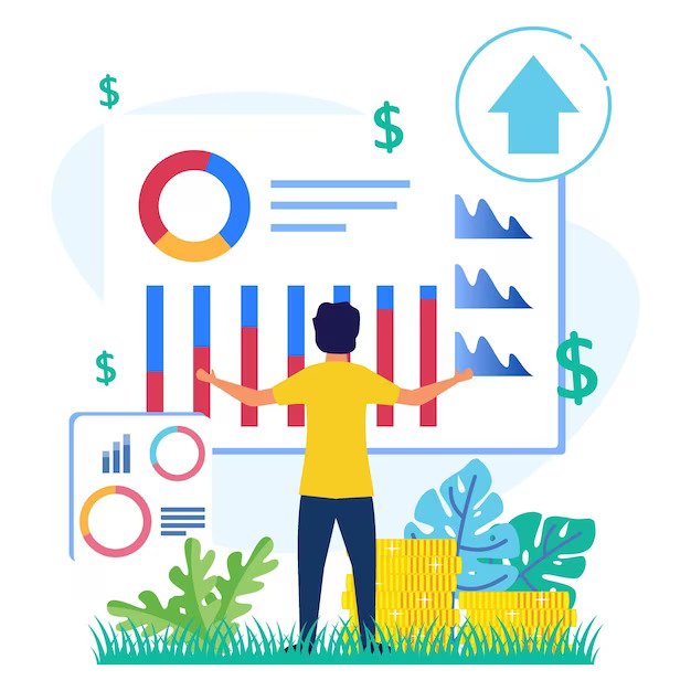 Dhan Kirti Cartoon character in stock market illustration